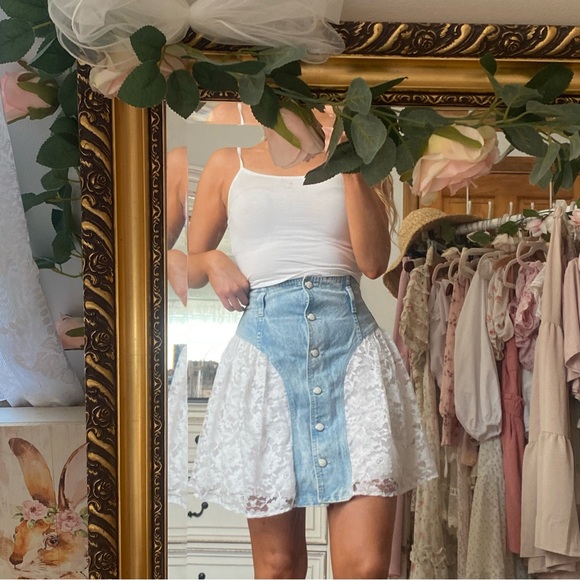 Dresses & Skirts - Unique Vintage Lace & Denim Mini Skirt
